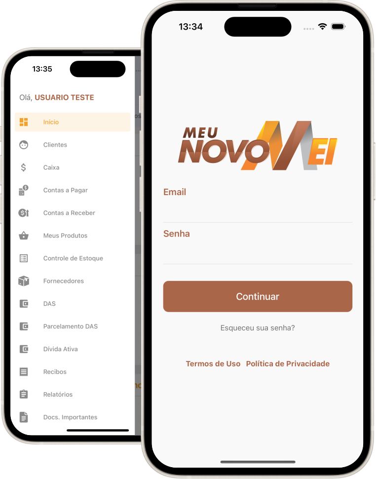 Aplicativo Meu Novo MEI exibindo login e painel de gestão do negócio